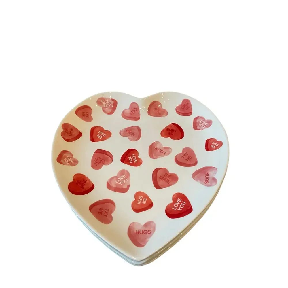 4 Maxcera Conversation Heart Valentine Dinner Plates 10in Ceramic Red & White